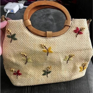 Fossil Vintage Bag Woven Straw & Leather Embroidered Beaded Floral Bag No Strap